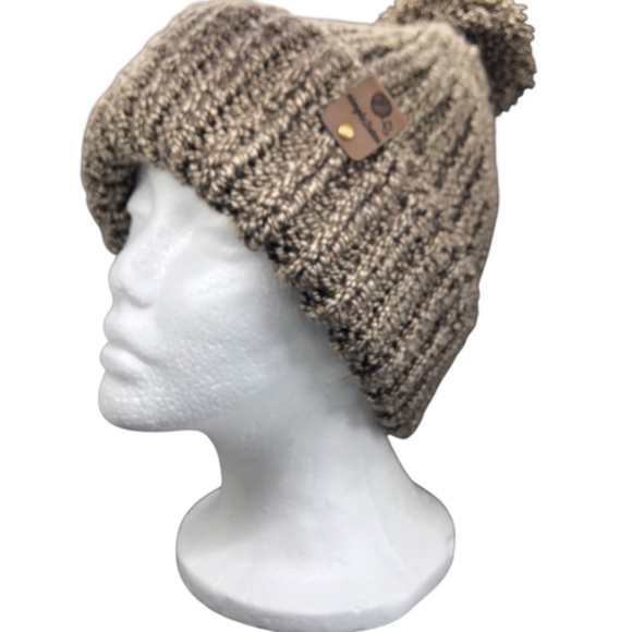 CHUNKY Ribbed Double Strand Hand Knit Brown Swirl Roll Beanie Hat with Pom Pom
